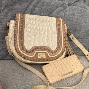 Elegant Cream and Tan Croc-Embossed Shoulder Bag with Tassel Detail